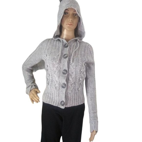 Aeropostale Grey Sequins Sweater Drawstring Hood M - Picture 4 of 5